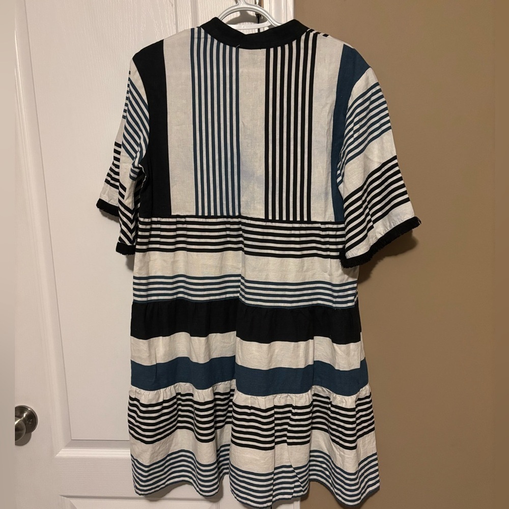 MSK Women’s Striped Dress Tunic Flared Lined Rayon blend bell Fringe Sleeve Sz M - Picture 2 of 3